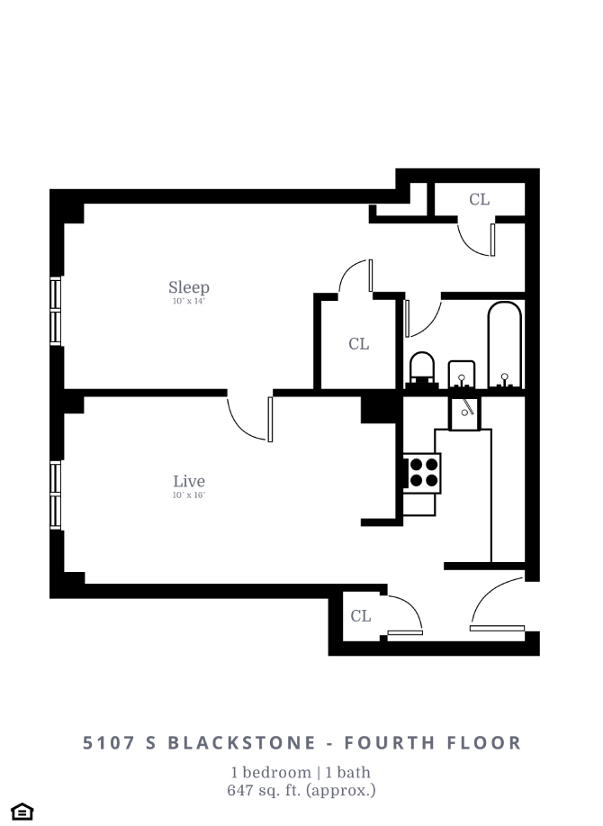 Floor plan for 1 bed, 1 bath, 647 sqft